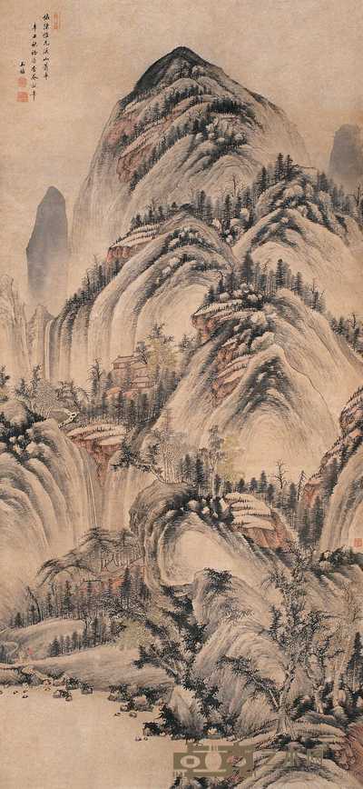王鉴 辛丑（1661年）作 溪山萧寺图 立轴 167×78cm